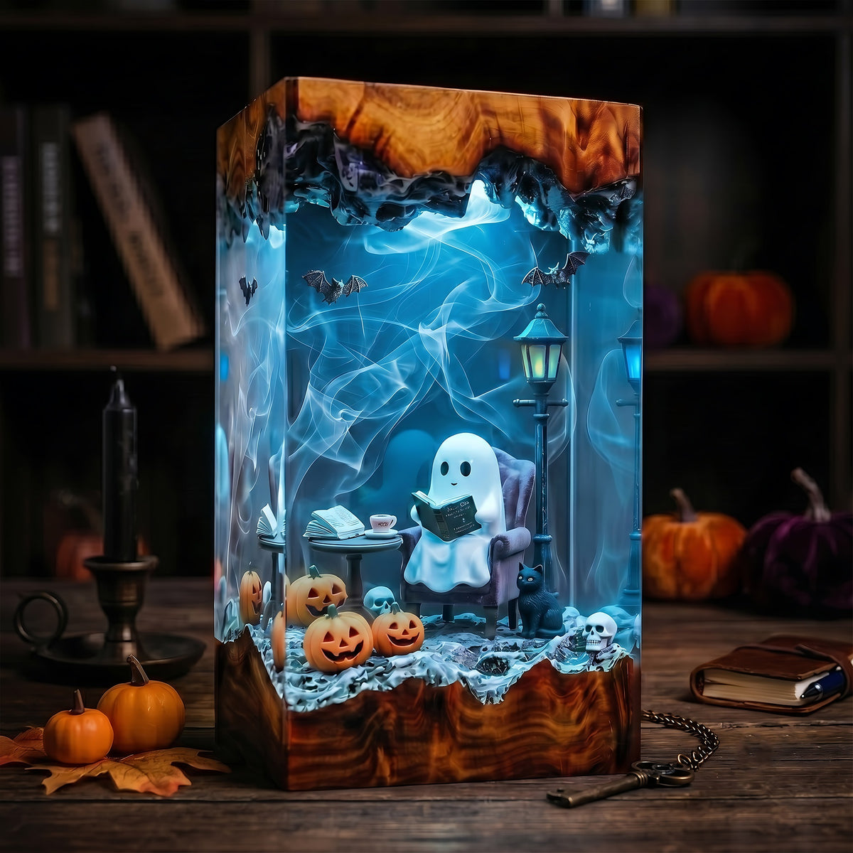 Cozy Reading Ghost Resin Lamp – Halloween Pumpkin & Black Cat Epoxy Diorama Night Light, Cute Spooky Decor