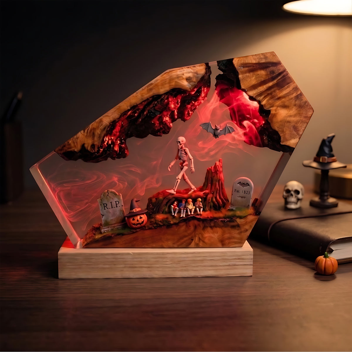 Skeleton Forest Graveyard Resin Lamp – Haunted Woodland with Bats & Witch Pumpkin, Halloween Epoxy Diorama Night Light