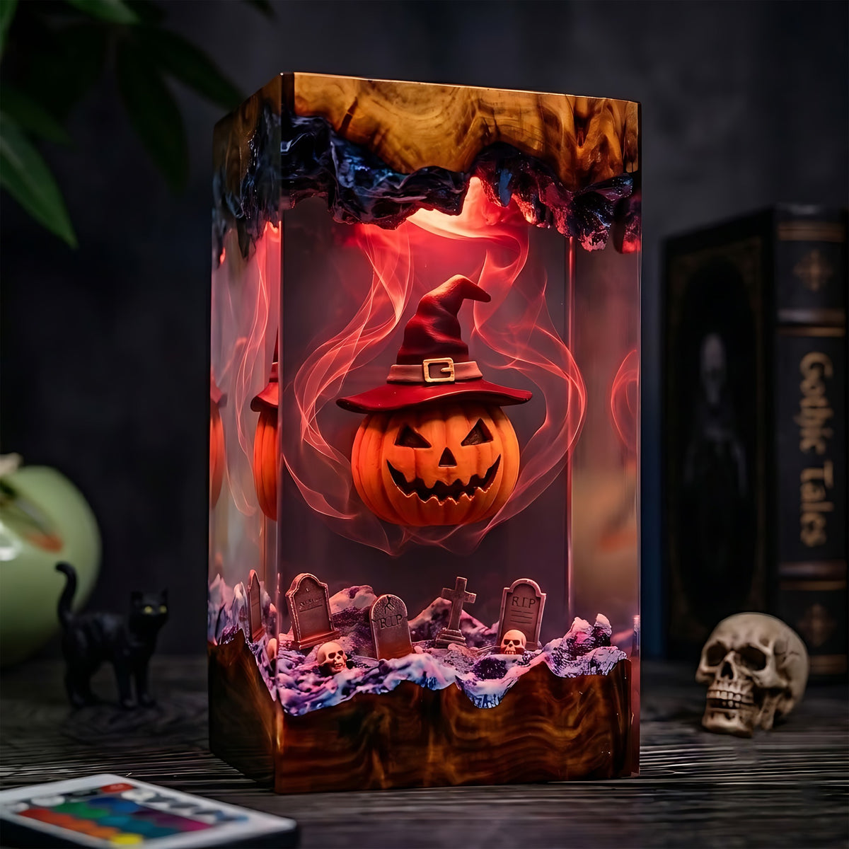 Witch Pumpkin Graveyard Resin Lamp – Jack O’ Lantern with Witch Hat, Spooky Halloween Epoxy Diorama Night Light