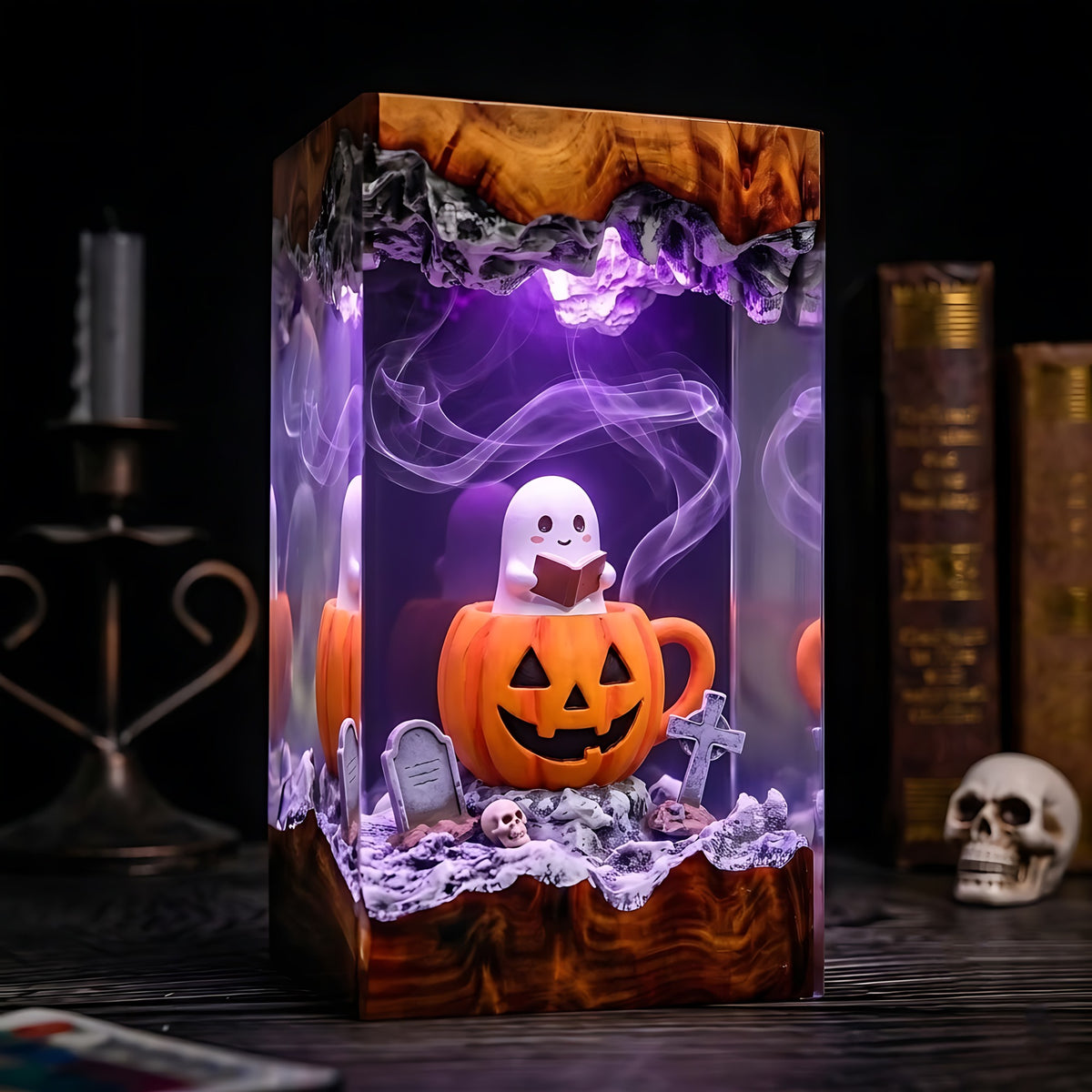 Cute Ghost Pumpkin Resin Lamp – Halloween Graveyard Epoxy Diorama Night Light