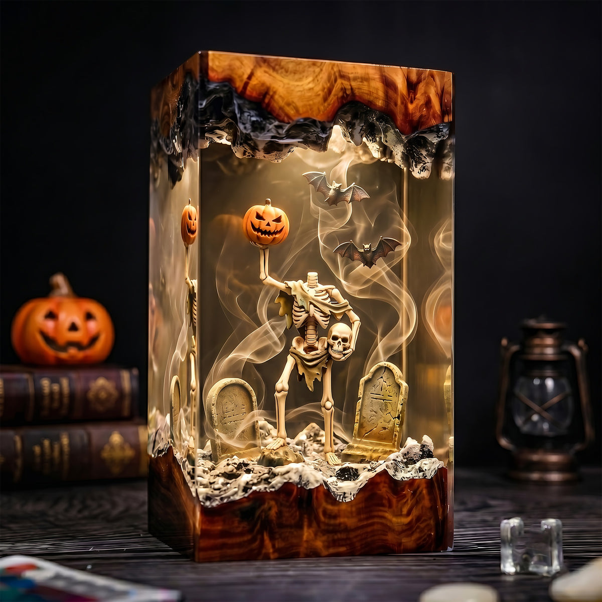 Halloween Skeleton Resin Lamp – Pumpkin Graveyard Epoxy Diorama Night Light