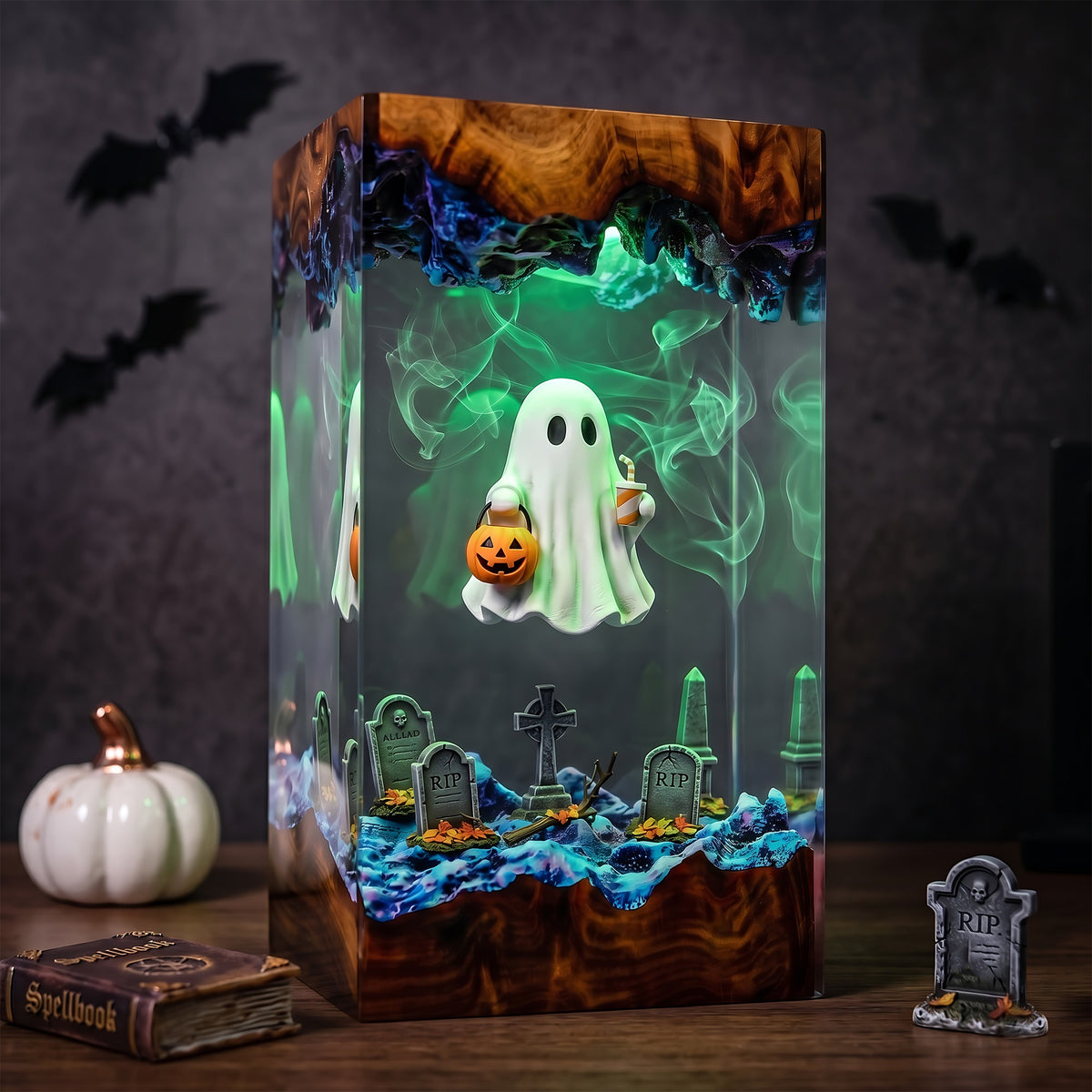 Trick or Treat Ghost Resin Lamp – Floating Ghost with Pumpkin Candy Bucket, Haunted Graveyard Halloween Epoxy Night Light