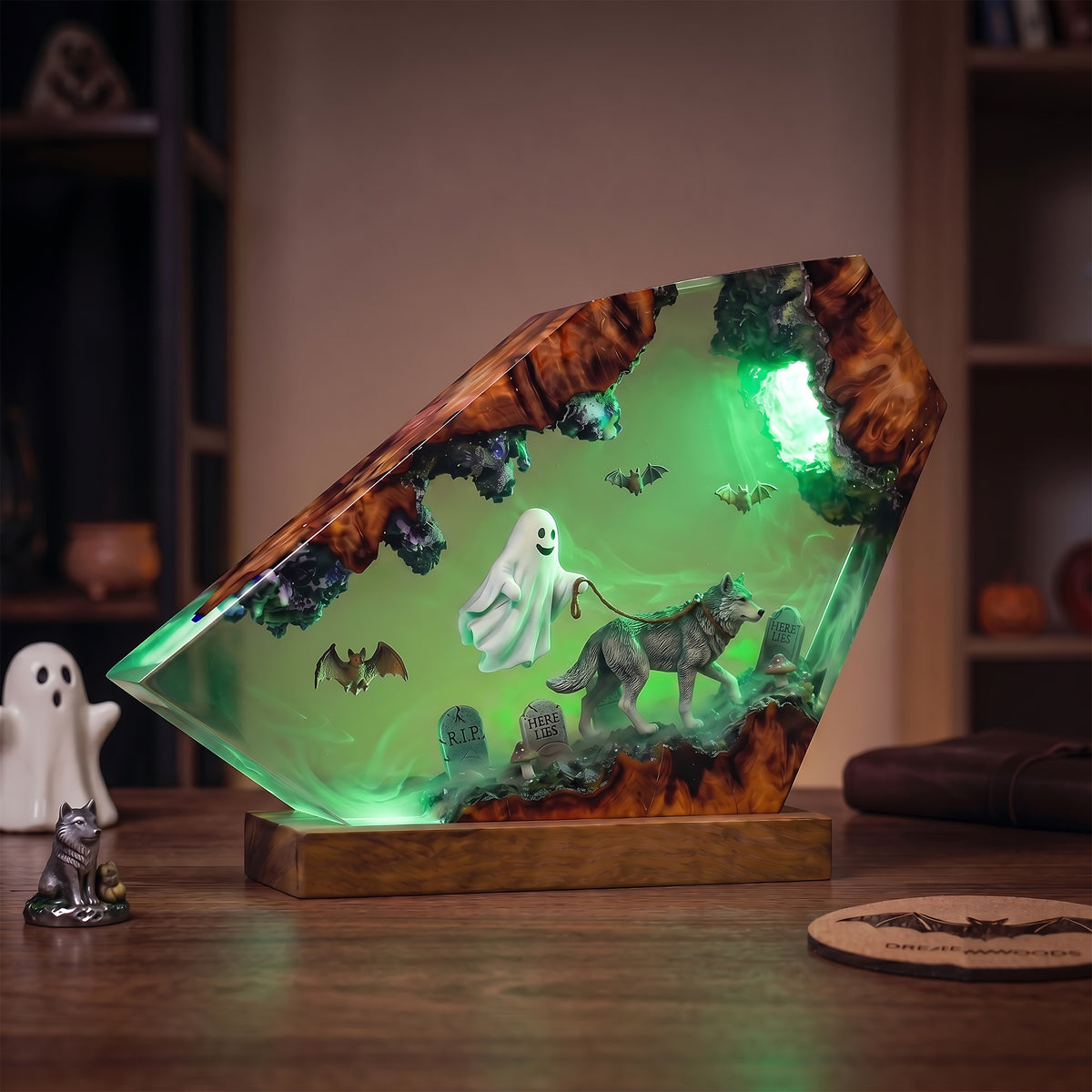 Ghost Walking Wolf Resin Lamp – Haunted Graveyard Halloween Epoxy Diorama Night Light, Spooky Woodland Decor