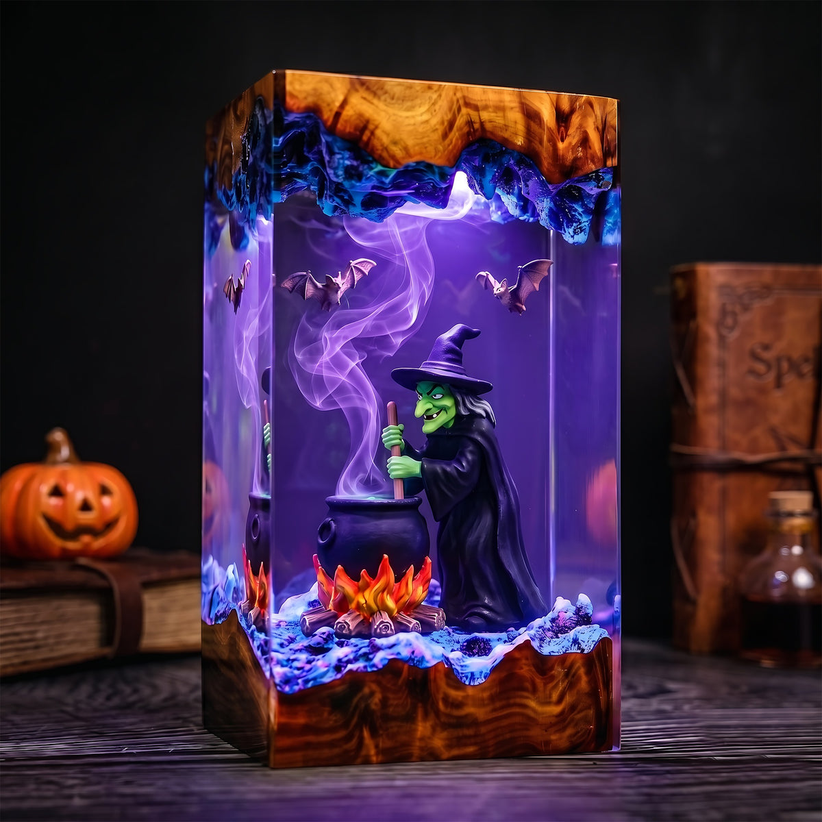 Witch Cauldron Resin Lamp – Brewing Witch with Bats & Glowing Fire, Spooky Halloween Epoxy Diorama Night Light
