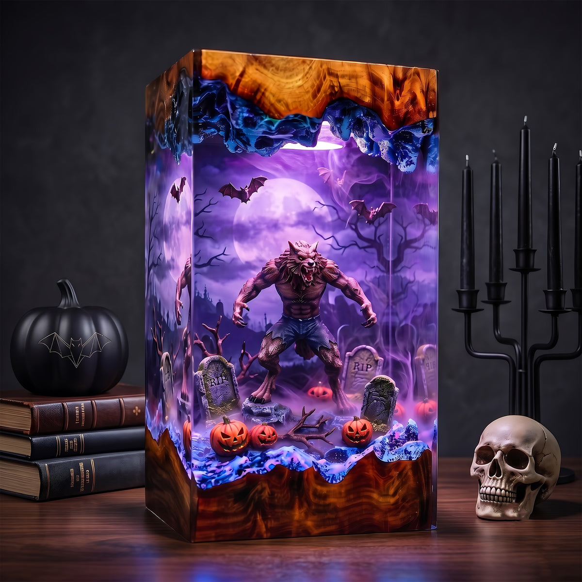 Werewolf Graveyard Resin Lamp – Full Moon Wolf Monster with Pumpkins & Bats, Halloween Epoxy Diorama Night Light