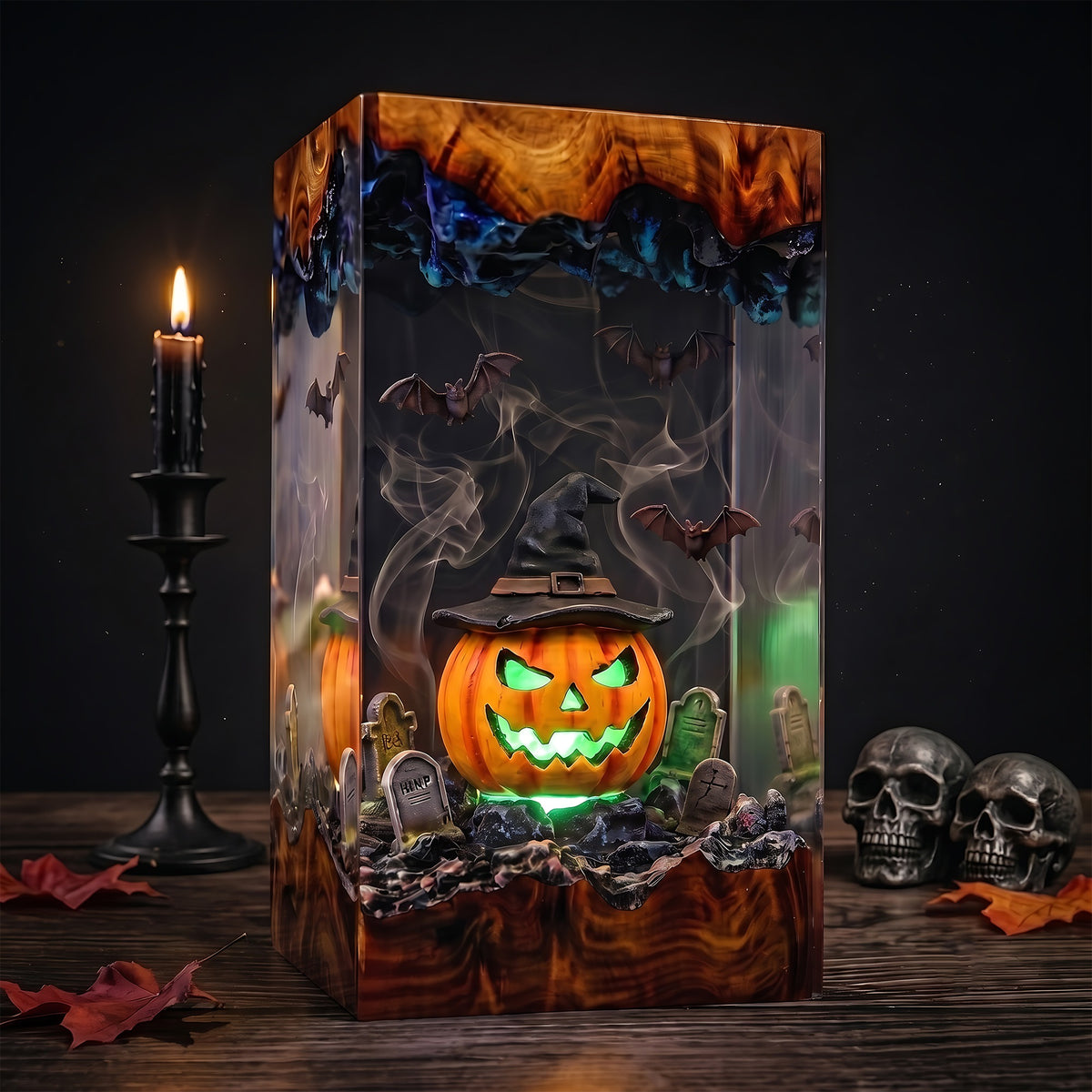Glowing Witch Pumpkin Resin Lamp – Jack O’ Lantern Graveyard with Bats, Halloween Epoxy Diorama Night Light, Spooky Decor