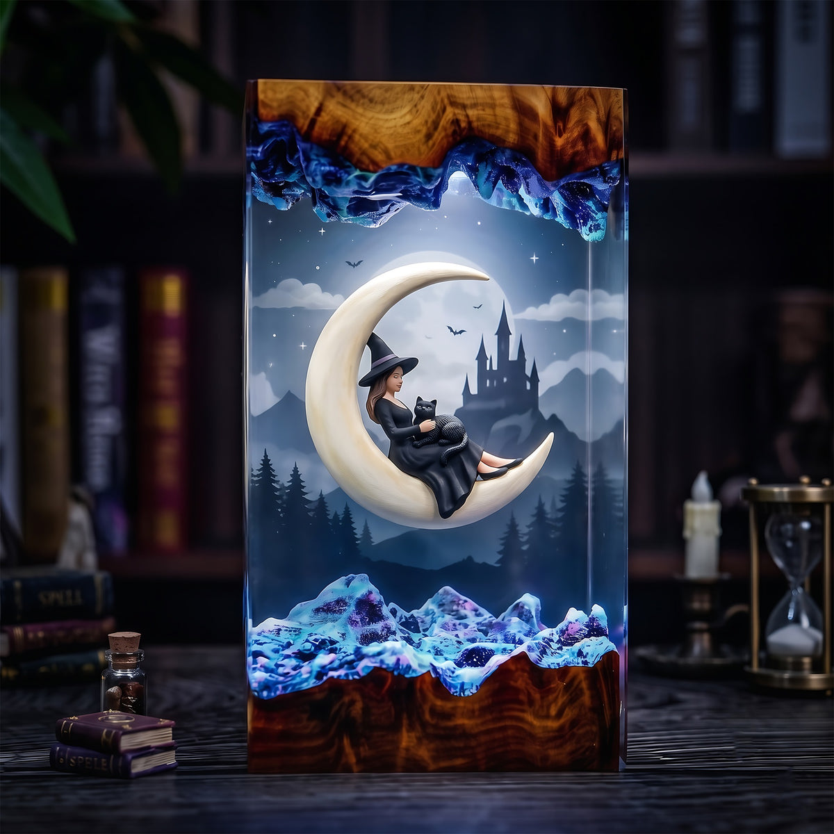 Moonlit Witch & Black Cat Resin Lamp – Crescent Moon Haunted Castle Halloween Epoxy Diorama Night Light, Gothic Witch Decor