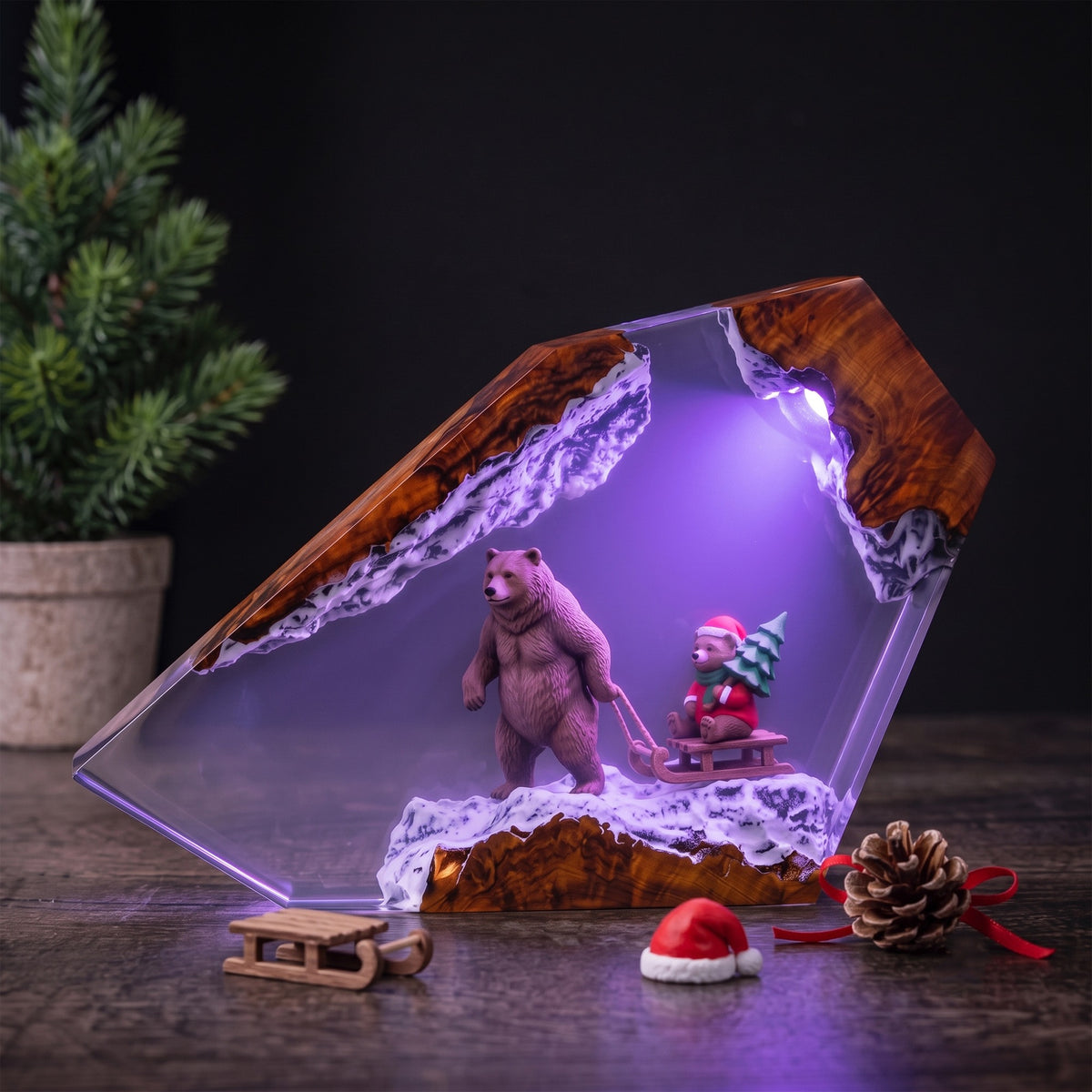 Christmas Bear & Teddy Sled Resin Lamp – Snowy Woodland Holiday Epoxy Diorama Night Light, Cozy Winter Christmas Decor