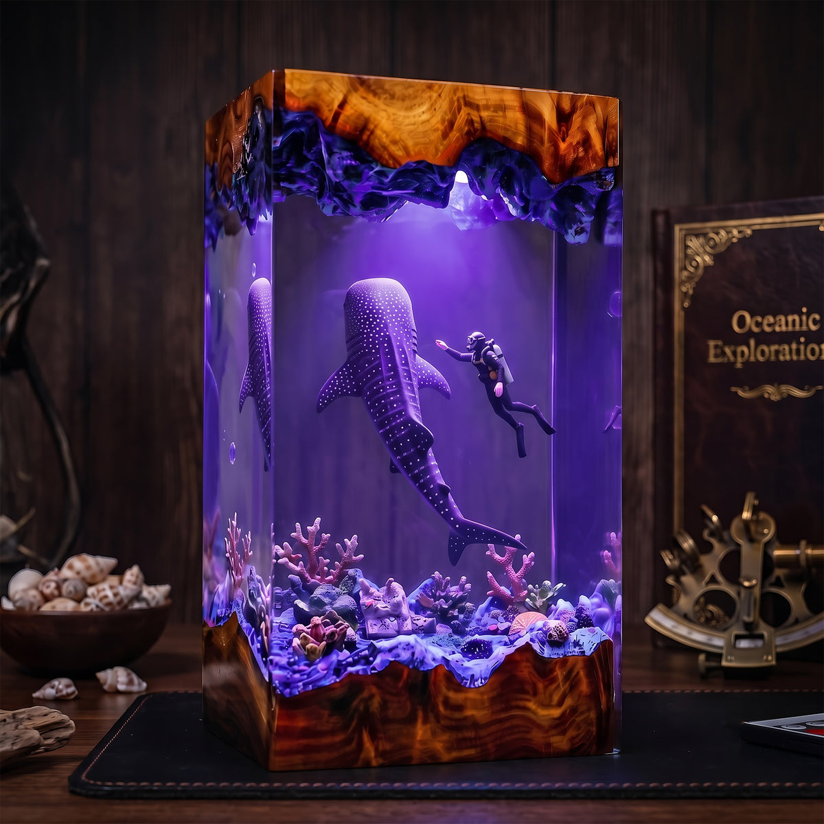 Whale Shark & Scuba Diver Ocean Wood Resin Lamp