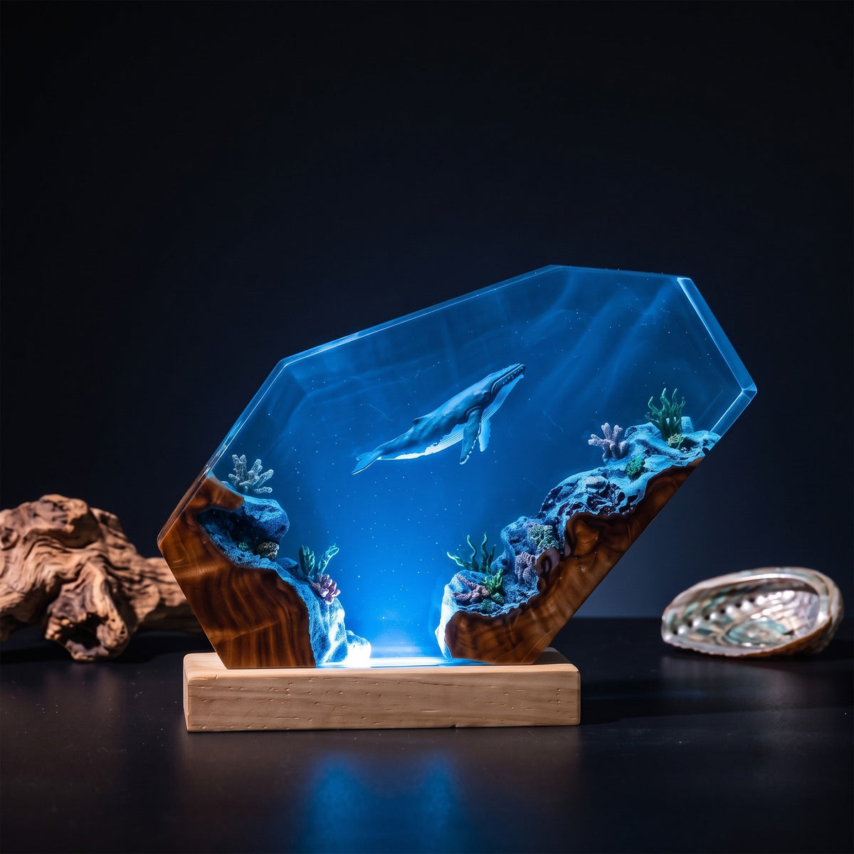 Humpback Whale Coral Reef Ocean Wood Resin Lamp