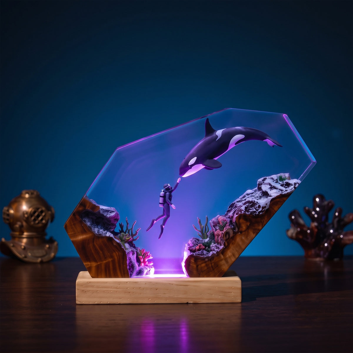 Orca & Scuba Diver Ocean Wood Resin Lamp