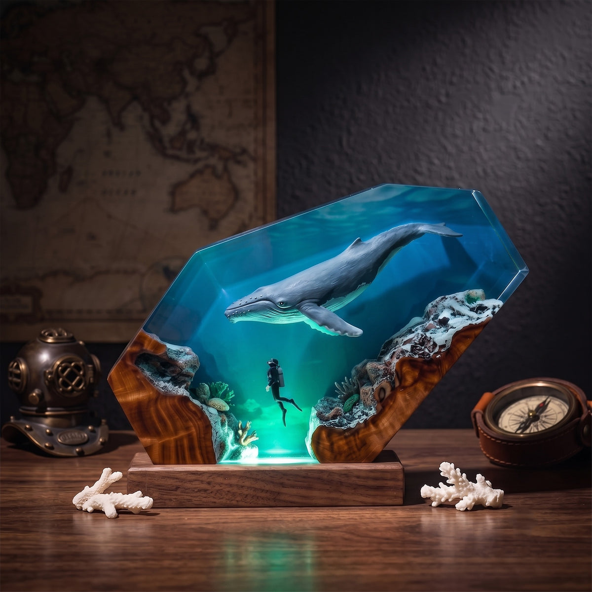 Humpback Whale & Scuba Diver Ocean Wood Resin Lamp
