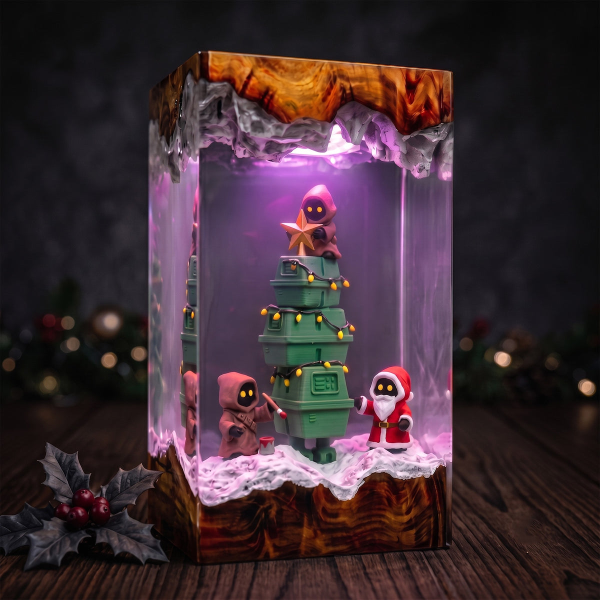 Galactic Holiday Droid Tree Resin Lamp – Tiny Hooded Helpers Decorating a Christmas Tree, Sci Fi Epoxy Diorama Night Light