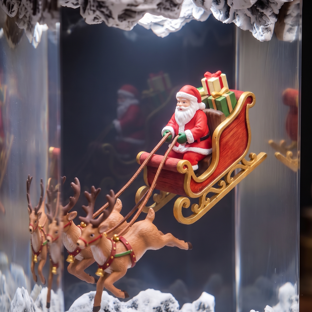 Santa Claus in a Flying Sleigh with Two Reindeer and Gifts Christmas Wood Resin Lamp