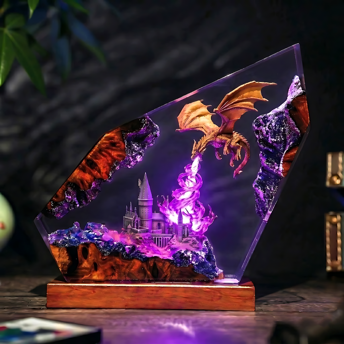 Fire-Breathing Dragon & Fantasy Castle Wood Resin Lamp