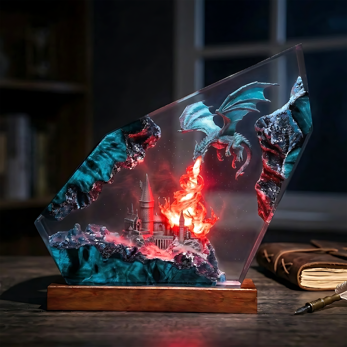 Blue Flame Dragon & Fantasy Castle Wood Resin Lamp