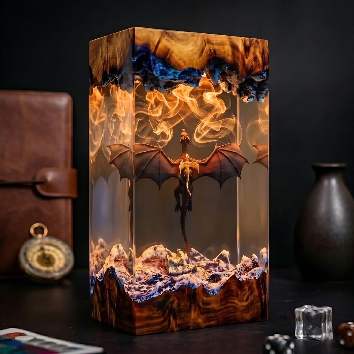 Flying Dragon & Baby Dragon Fantasy Wood Resin Lamp