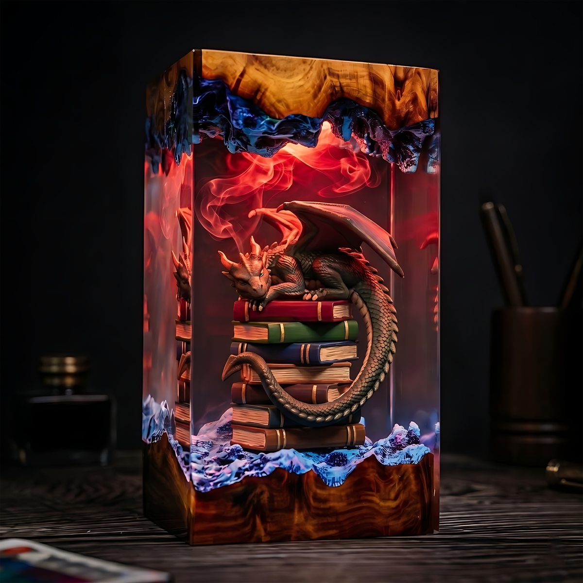 Sleeping Dragon on Stacked Books Wood Resin Lamp
