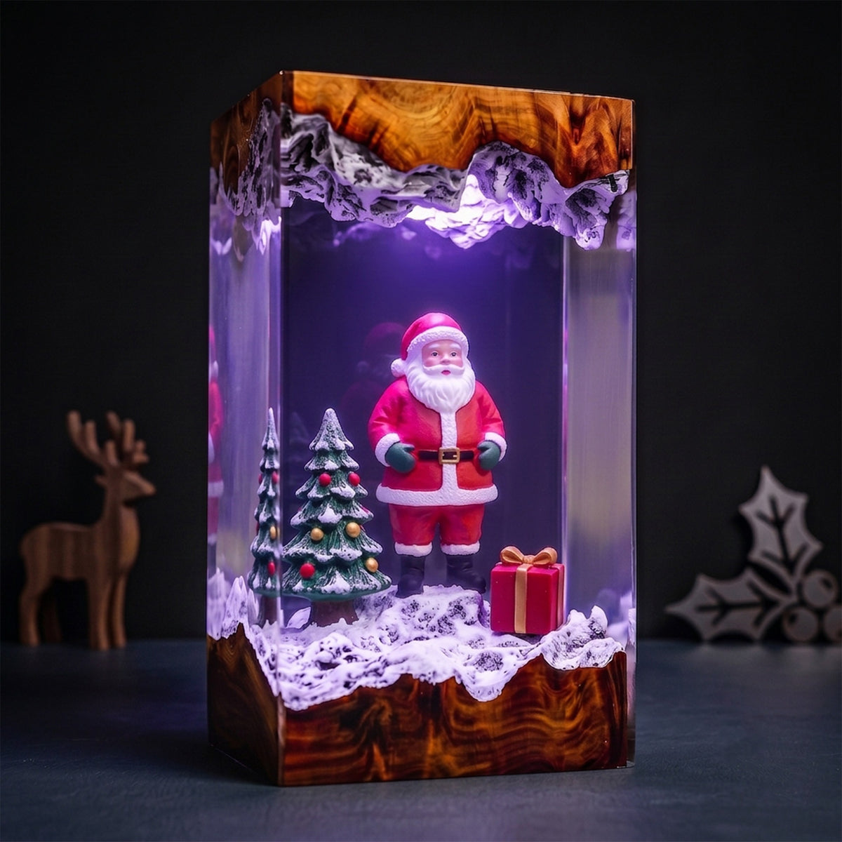 Santa Claus with Snowy Christmas Trees and Gift Box Wood Resin Lamp