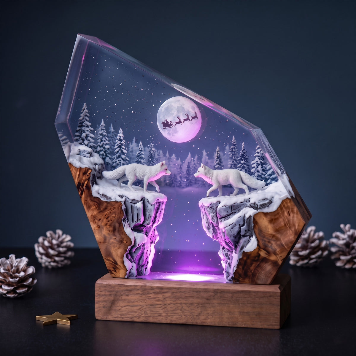 Arctic Foxes & Santa Sleigh Christmas Wood Resin Lamp