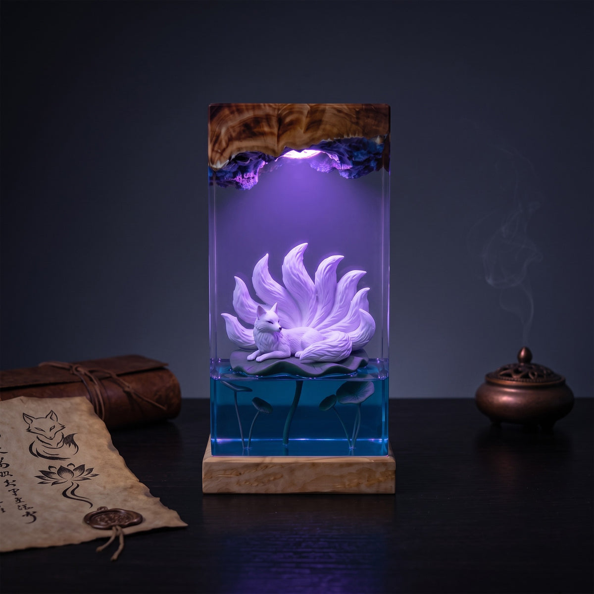 White Nine-Tailed Fox on Lotus Leaf Wood Resin Lamp
