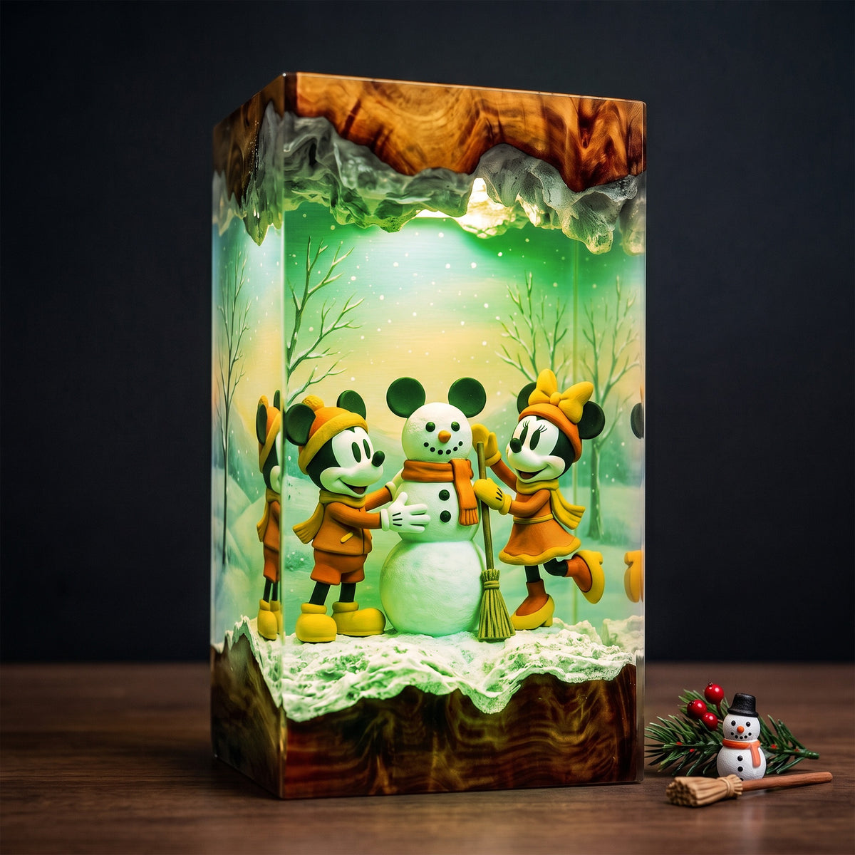 Mickey & Minnie Mouse Building a Snowman Christmas Wood Resin Lamp