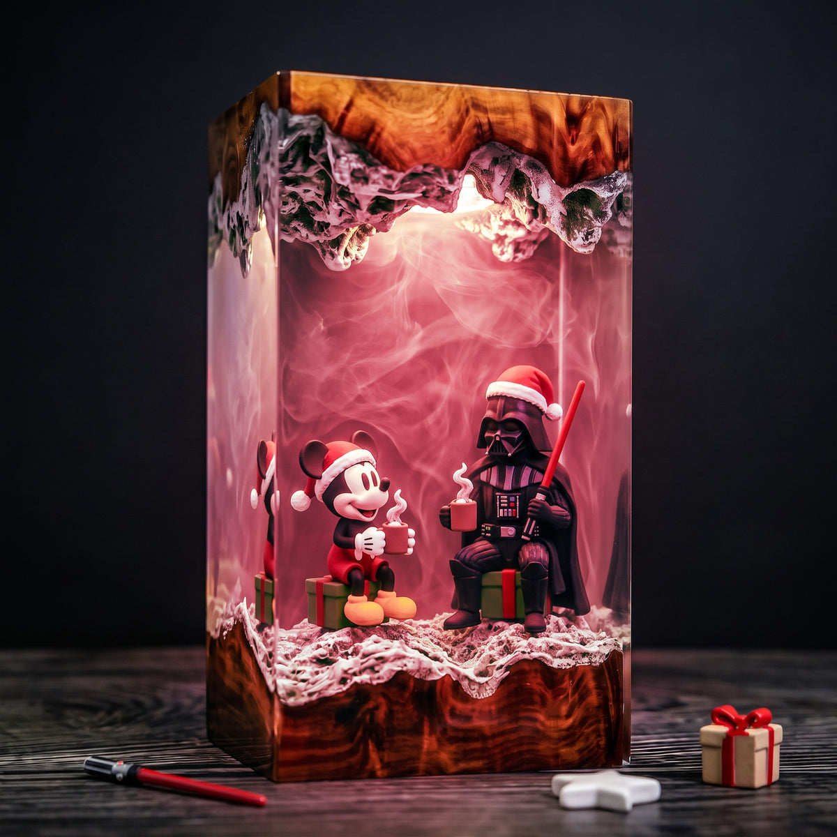 Christmas Dark Lord & Classic Mouse Resin Lamp – Holiday Cocoa Scene, Festive Movie Inspired Epoxy Diorama Night Light