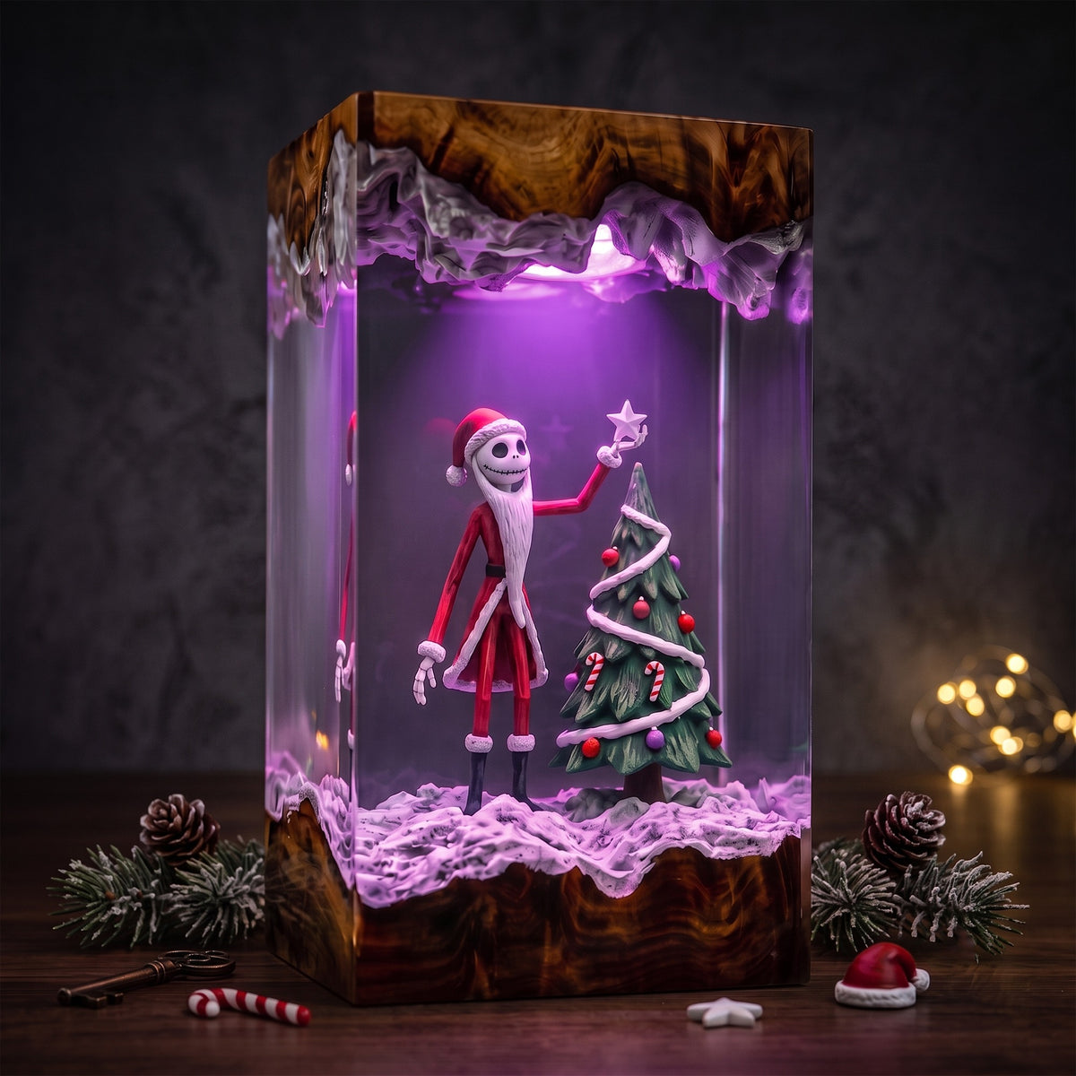 Christmas Skeleton Resin Lamp – Skeleton Santa Decorating Christmas Tree, Festive Epoxy Diorama Night Light, Holiday Decor