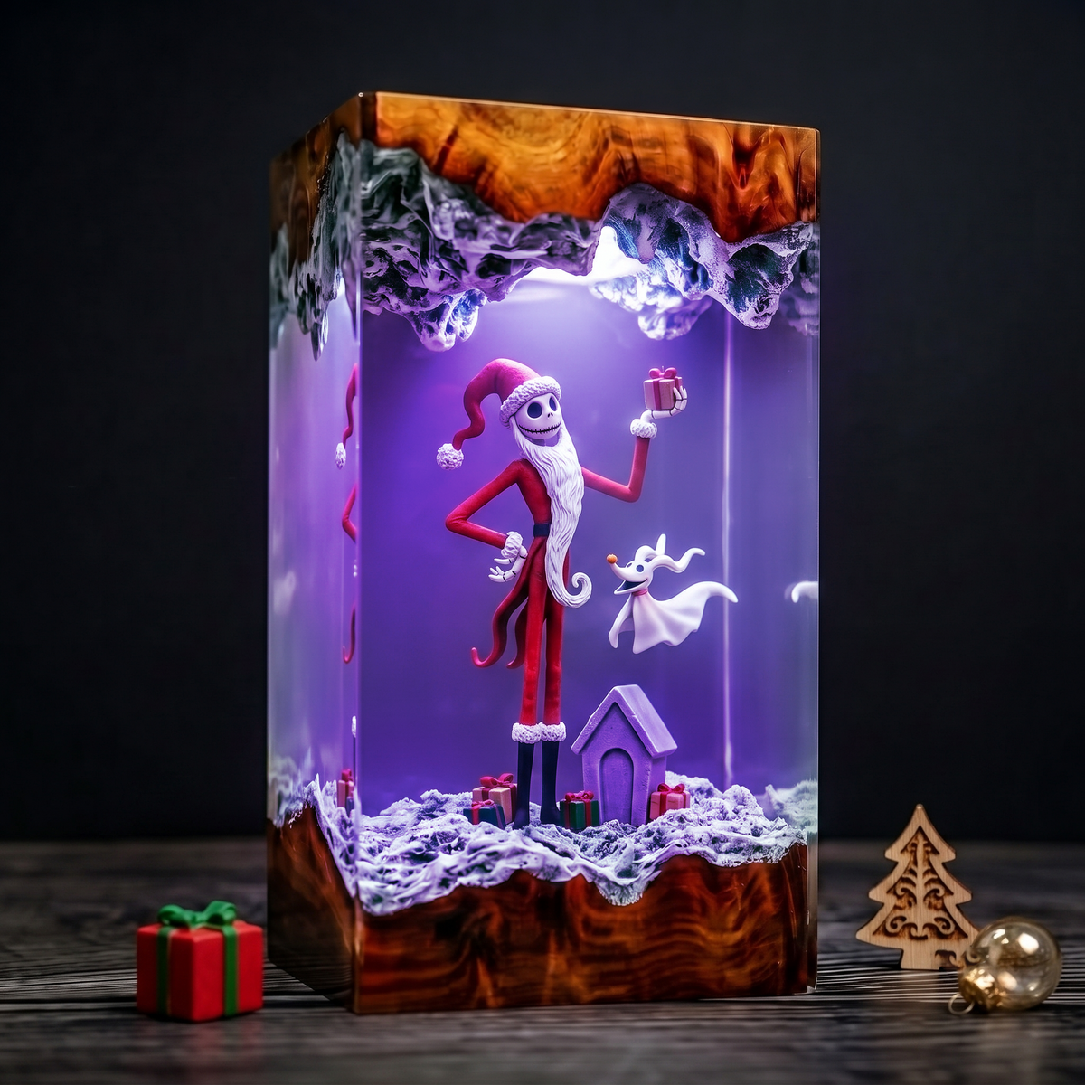 Jack Skellington in Santa Outfit with Zero Ghost Dog and Christmas Gifts Wood Resin Lamp