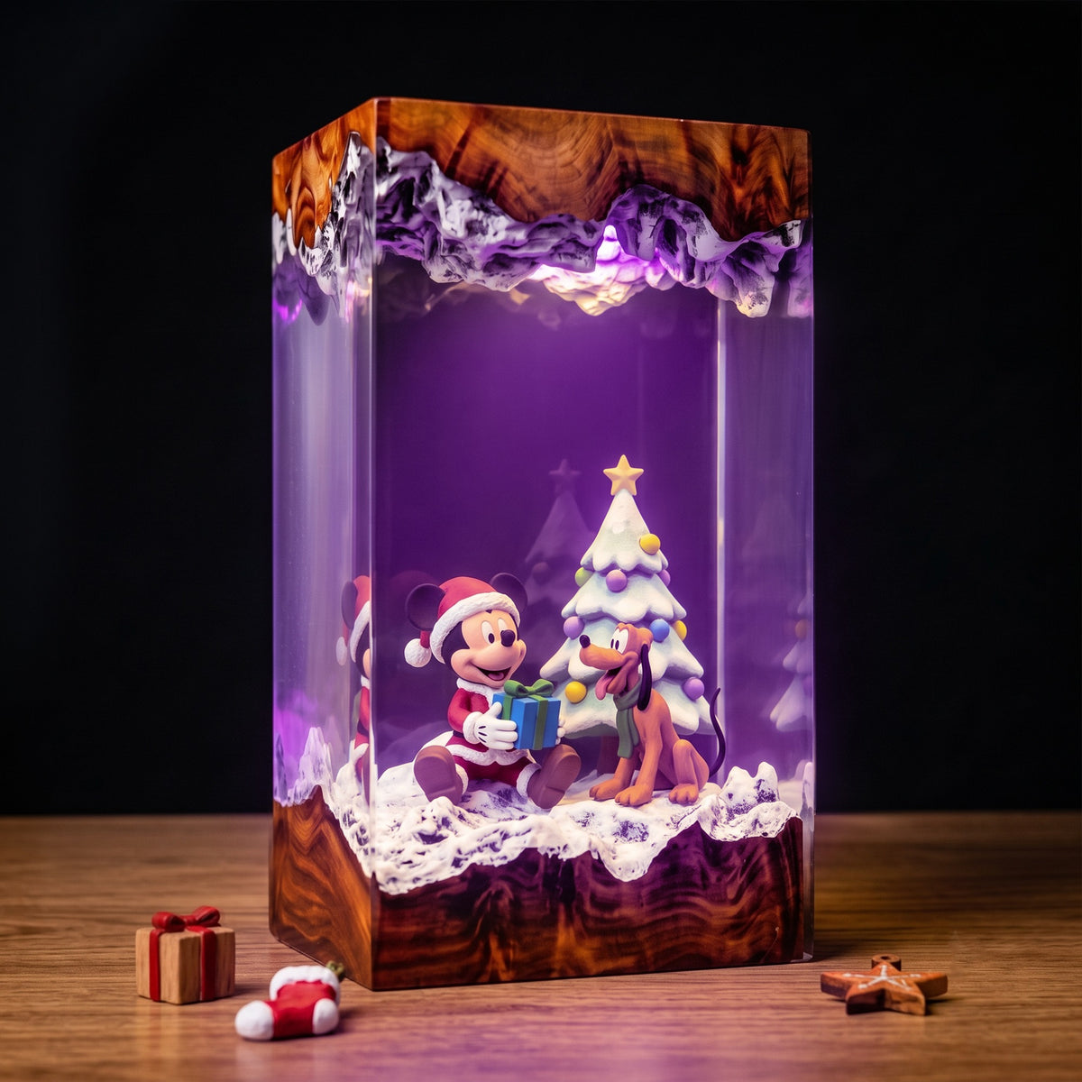 Mickey Mouse in Santa Outfit & Pluto with Gift Box and Snowy Christmas Tree Wood Resin Lamp