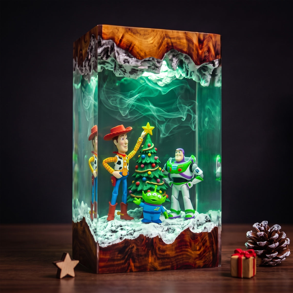 Woody, Buzz Lightyear & Little Green Alien with Decorated Christmas Tree Wood Resin Lamp