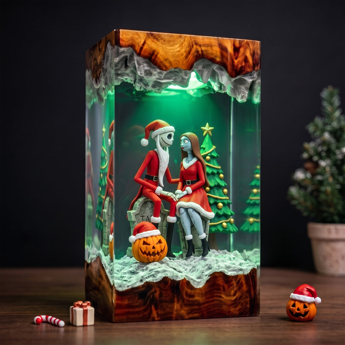 Jack Skellington & Sally in Santa Outfits with Christmas Tree and Pumpkin Wood Resin Lamp