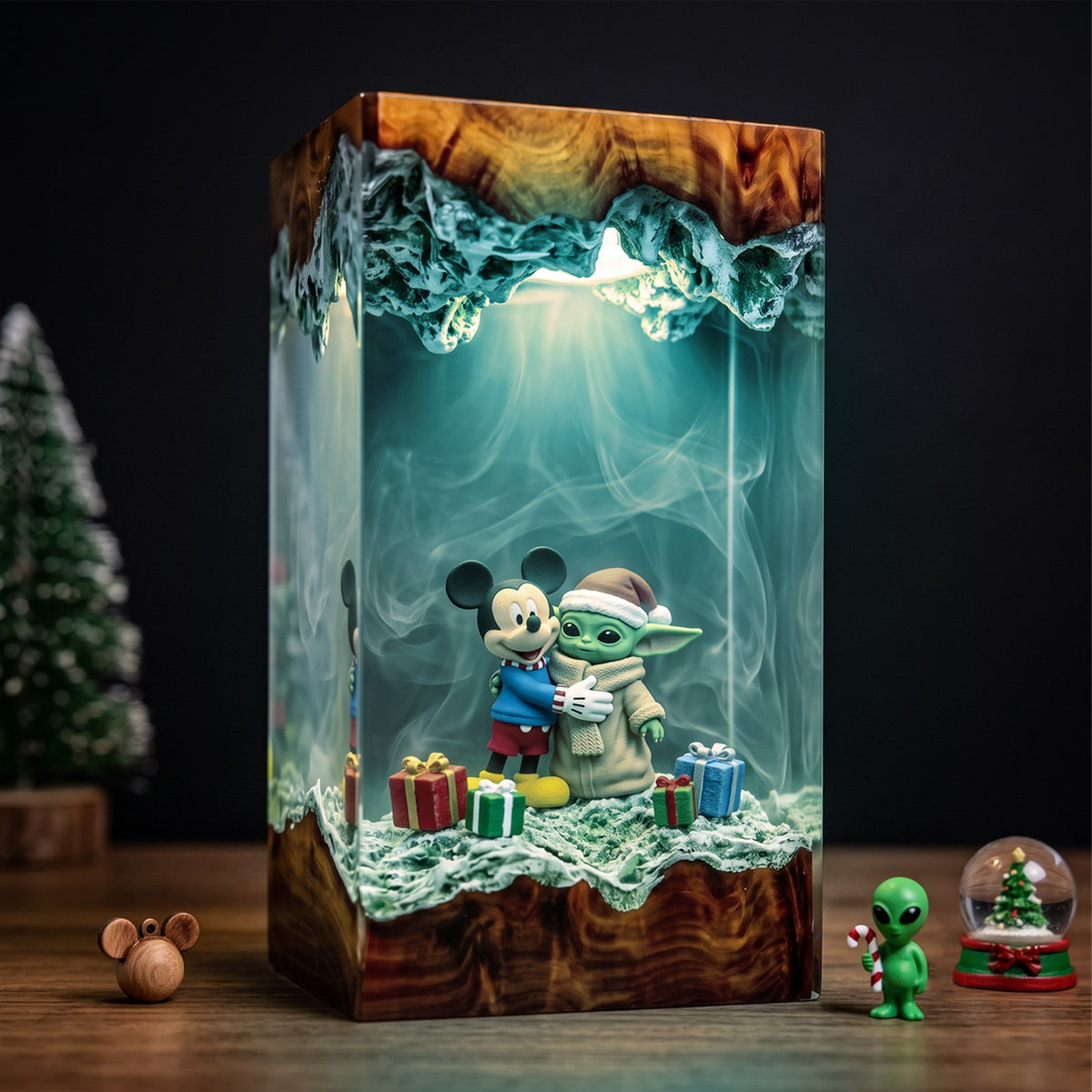 Mickey Mouse Hugging Grogu in a Santa Hat with Christmas Gifts Wood Resin Lamp
