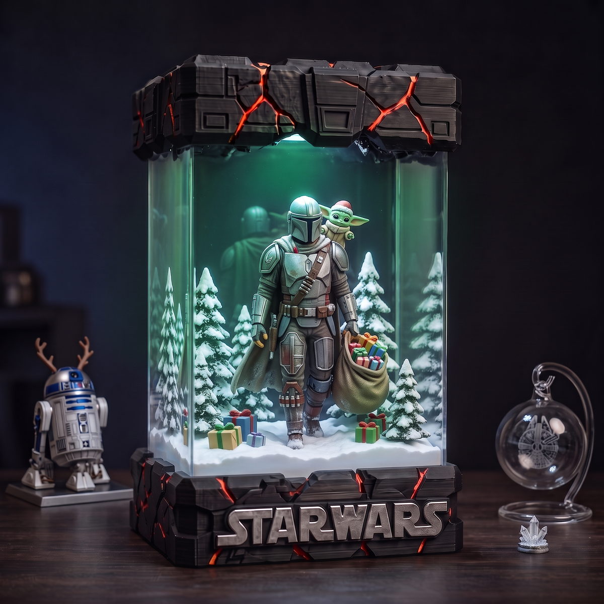 Mandalorian Carrying Christmas Gifts with Santa Hat Grogu in a Snowy Forest Resin Lamp