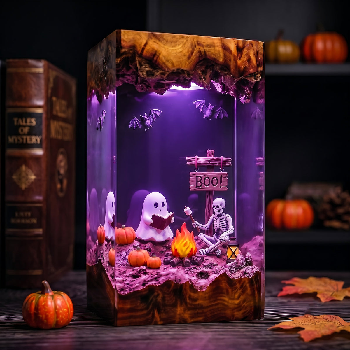 Ghost & Skeleton Campfire Resin Lamp – Reading Ghost Halloween Diorama, Pumpkin & Bat Spooky Night Light