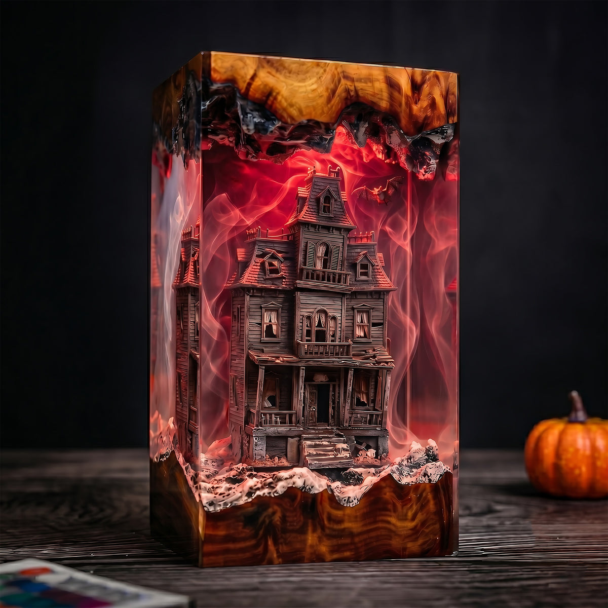 Haunted Victorian House Resin Lamp – Spooky Mansion with Bats & Ghostly Mist, Halloween Epoxy Diorama Night Light