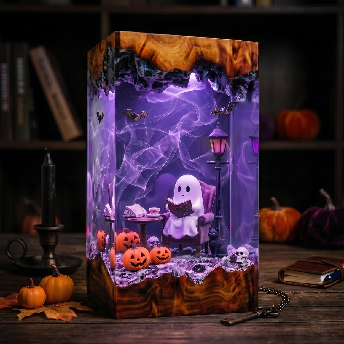 Cozy Reading Ghost Resin Lamp – Halloween Pumpkin & Black Cat Epoxy Diorama Night Light, Cute Spooky Decor