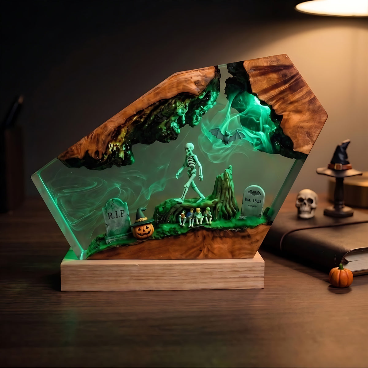 Skeleton Forest Graveyard Resin Lamp – Haunted Woodland with Bats & Witch Pumpkin, Halloween Epoxy Diorama Night Light