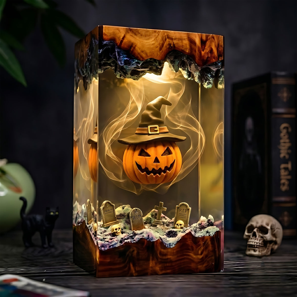 Witch Pumpkin Graveyard Resin Lamp – Jack O’ Lantern with Witch Hat, Spooky Halloween Epoxy Diorama Night Light