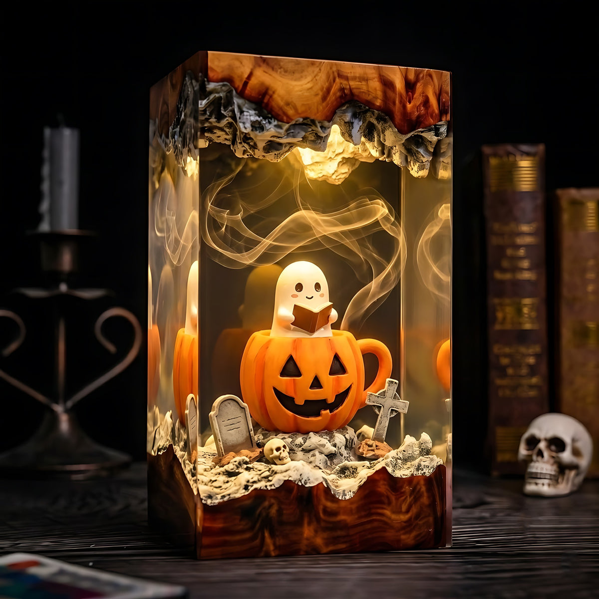 Cute Ghost Pumpkin Resin Lamp – Halloween Graveyard Epoxy Diorama Night Light