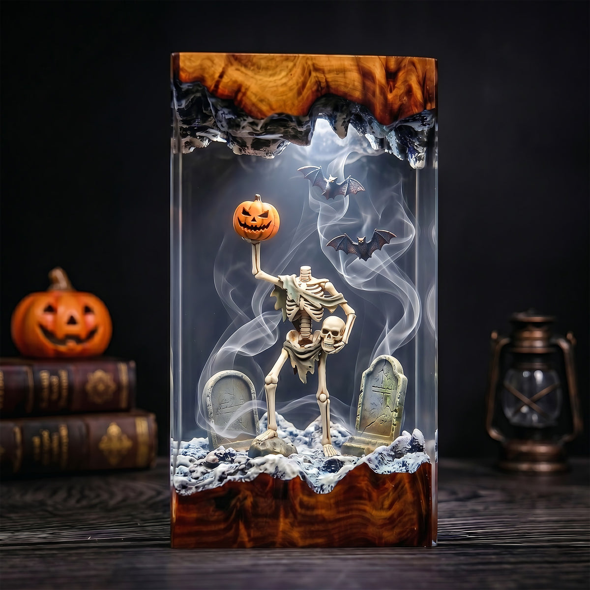 Halloween Skeleton Resin Lamp – Pumpkin Graveyard Epoxy Diorama Night Light