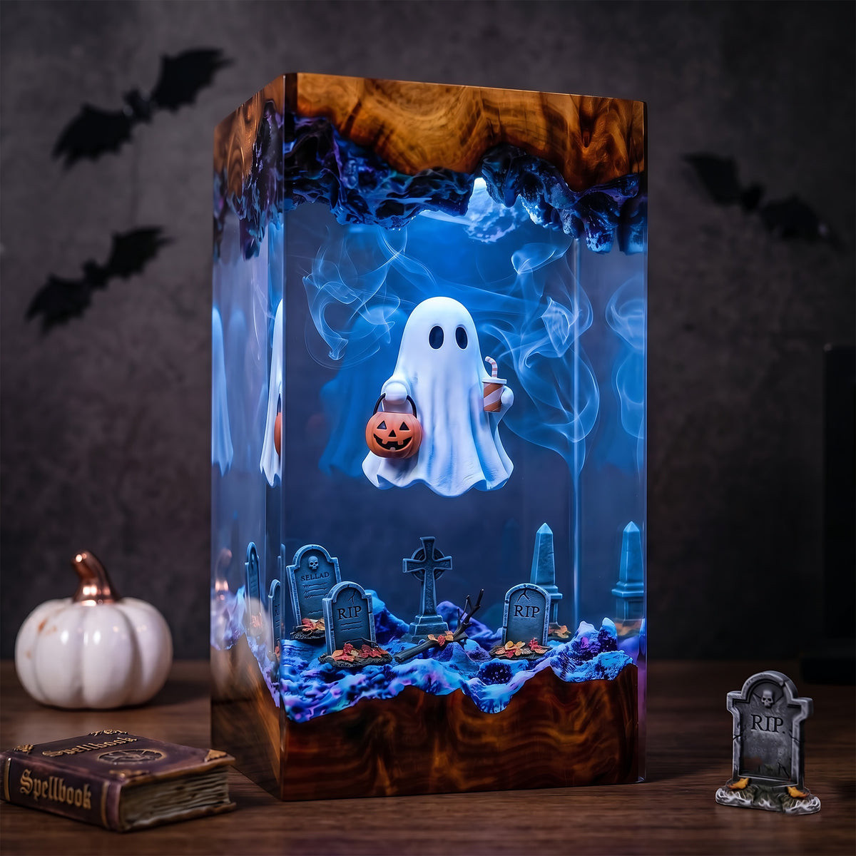 Trick or Treat Ghost Resin Lamp – Floating Ghost with Pumpkin Candy Bucket, Haunted Graveyard Halloween Epoxy Night Light