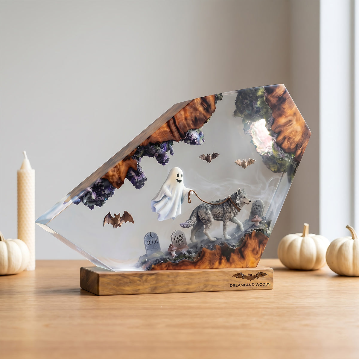 Ghost Walking Wolf Resin Lamp – Haunted Graveyard Halloween Epoxy Diorama Night Light, Spooky Woodland Decor
