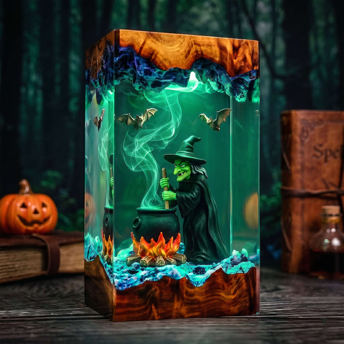 Witch Cauldron Resin Lamp – Brewing Witch with Bats & Glowing Fire, Spooky Halloween Epoxy Diorama Night Light
