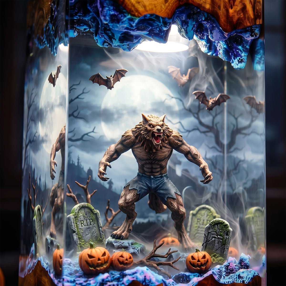 Werewolf Graveyard Resin Lamp – Full Moon Wolf Monster with Pumpkins & Bats, Halloween Epoxy Diorama Night Light