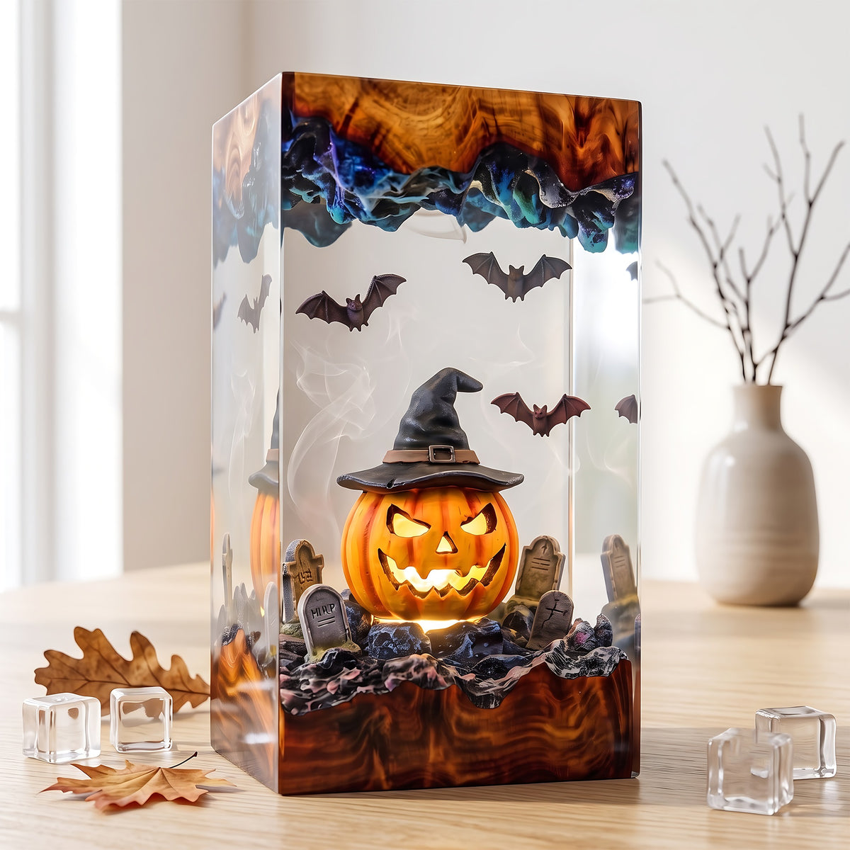 Glowing Witch Pumpkin Resin Lamp – Jack O’ Lantern Graveyard with Bats, Halloween Epoxy Diorama Night Light, Spooky Decor