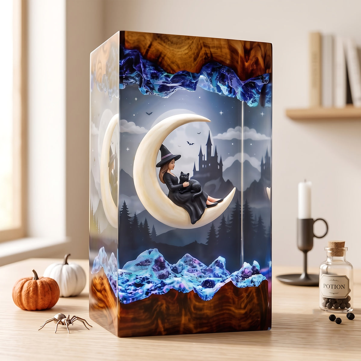 Moonlit Witch & Black Cat Resin Lamp – Crescent Moon Haunted Castle Halloween Epoxy Diorama Night Light, Gothic Witch Decor