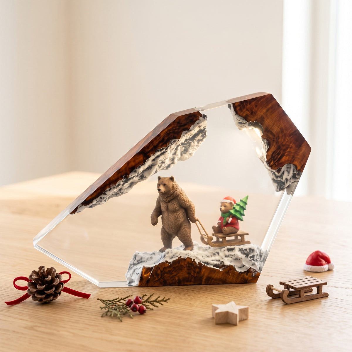 Christmas Bear & Teddy Sled Resin Lamp – Snowy Woodland Holiday Epoxy Diorama Night Light, Cozy Winter Christmas Decor