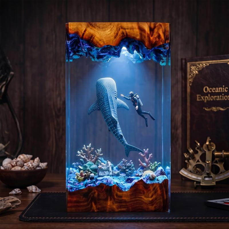 Whale Shark & Scuba Diver Ocean Wood Resin Lamp