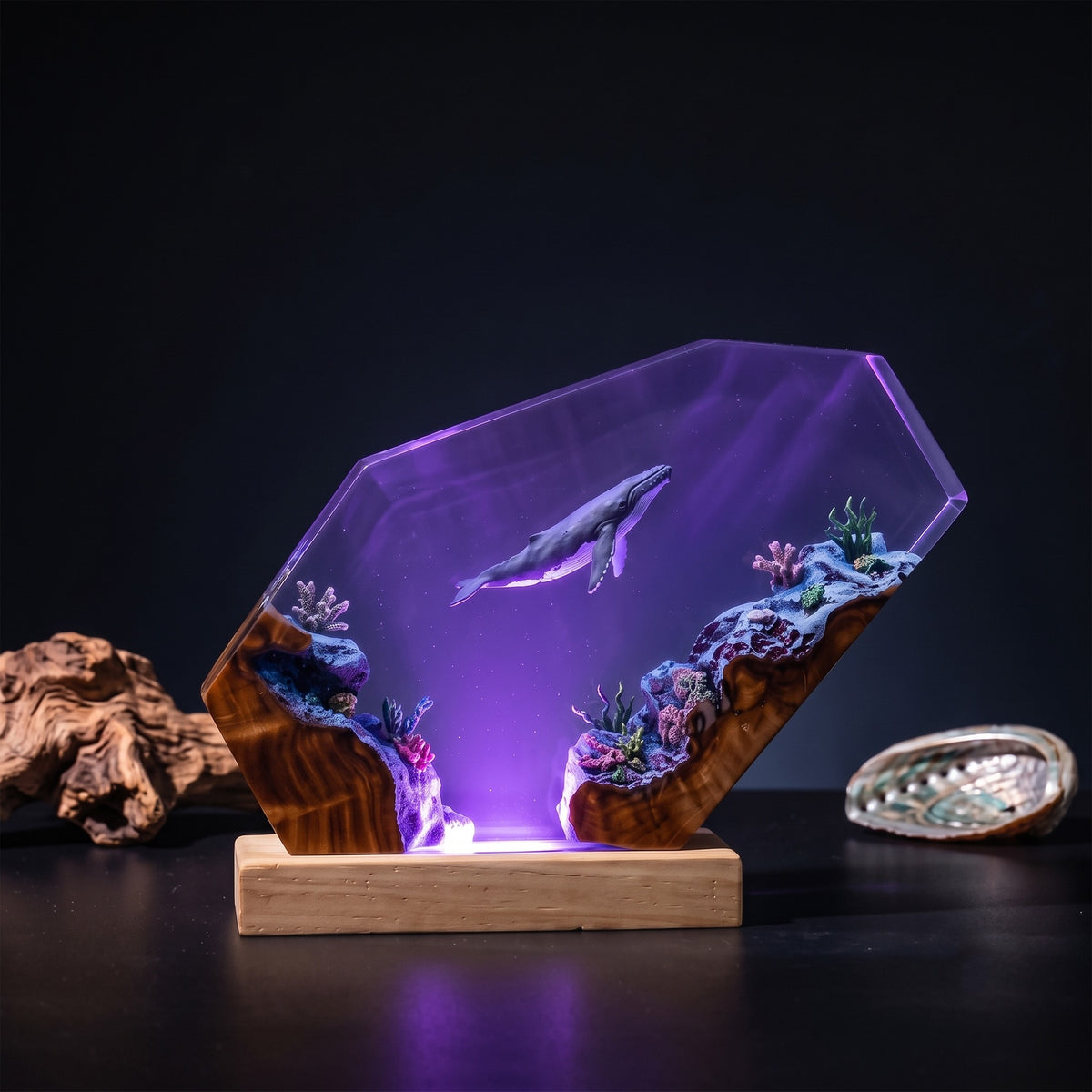 Humpback Whale Coral Reef Ocean Wood Resin Lamp